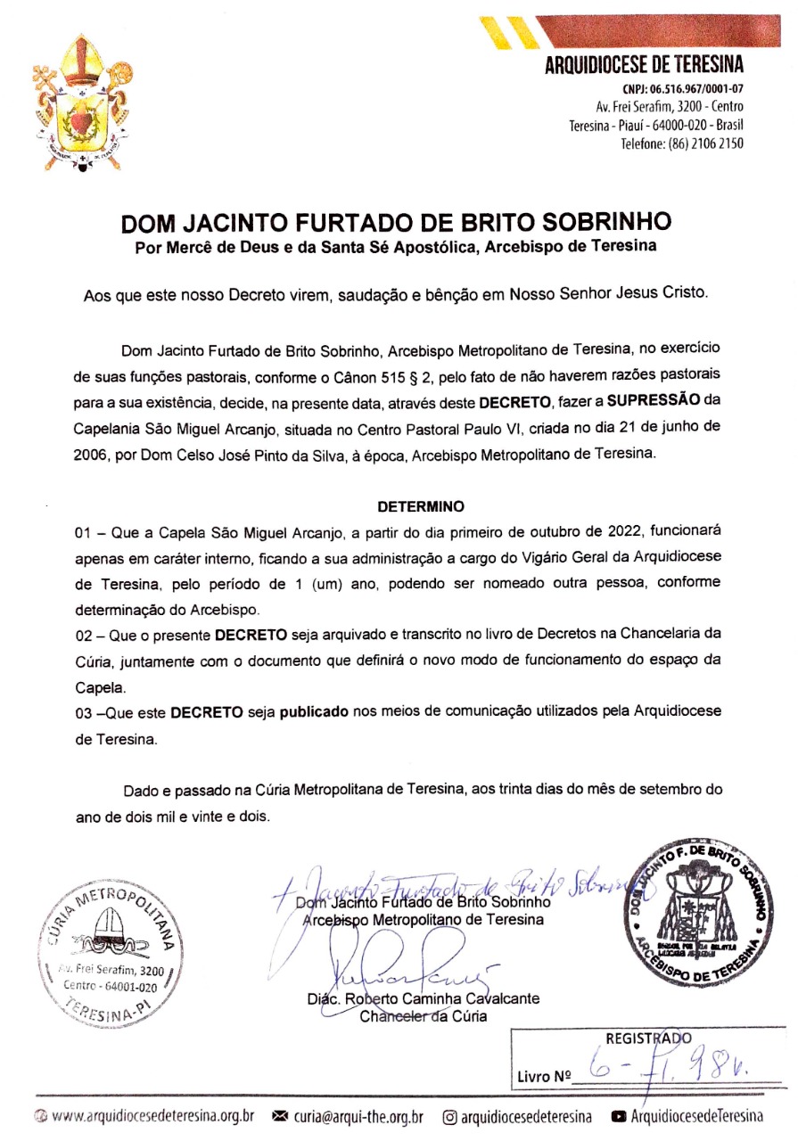 Decreto - capela são miguel arcanjo